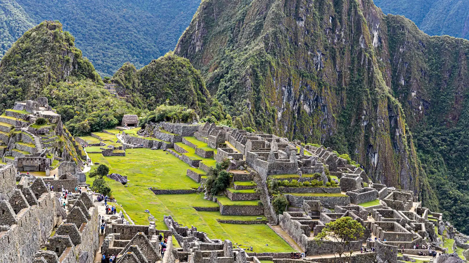 The stone citadel of Machu Picchu on its ridge with the peak of Huayna Picchu rising behind, green terraces in the foreground